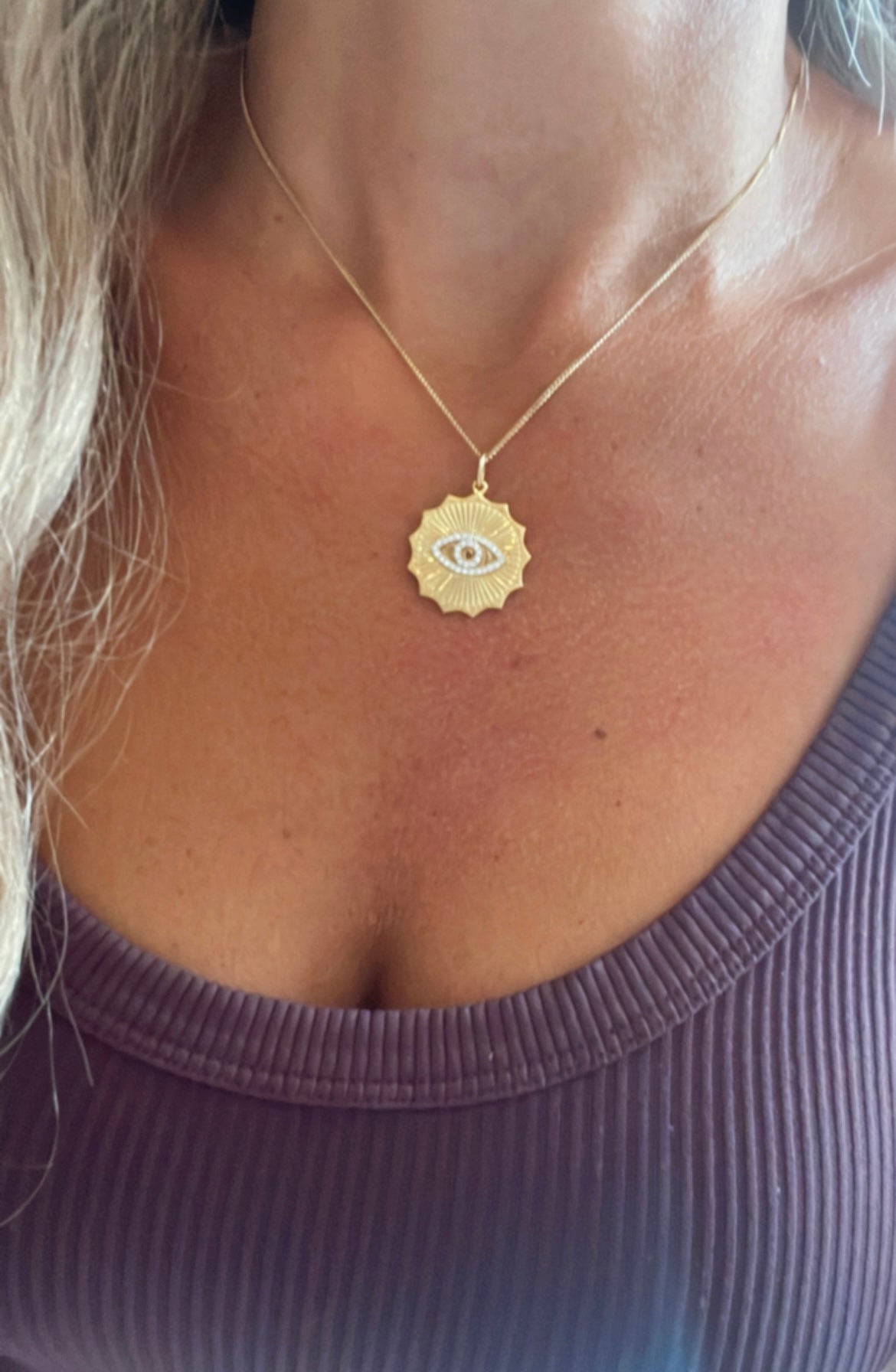 Gold Vermeil Eye Shield Charm on curb chain