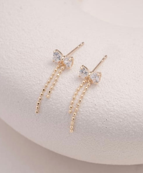 10K Solid Gold CZ Bow Dangle Earrings