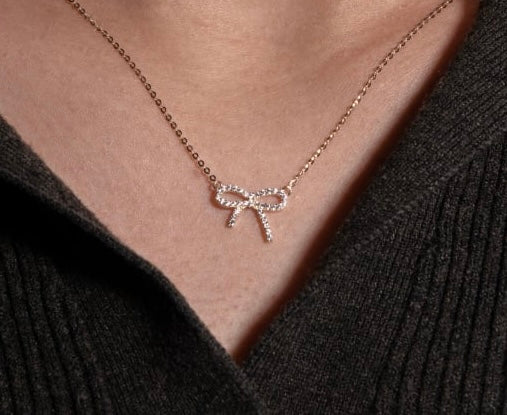 10K Solid Gold CZ Pave Ribbon Bow Necklace