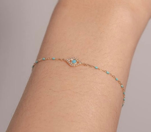 10K Sold Gold CZ Pave Evil Eye Beaded Bracelet