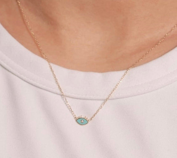 10K Solid Gold Enamel and CZ Evil Eye Necklace