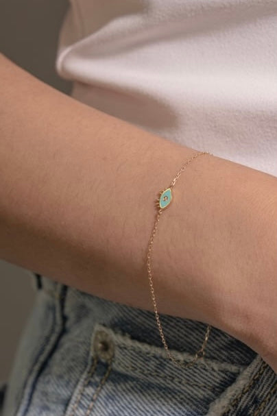10K Solid Gold Enamel and CZ Evil Eye Bracelet
