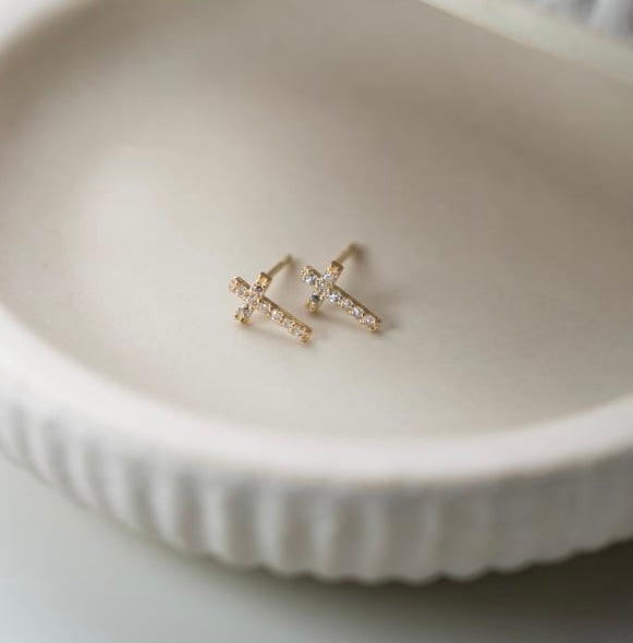 10K Solid Gold Pave CZ Cross Stud Earrings