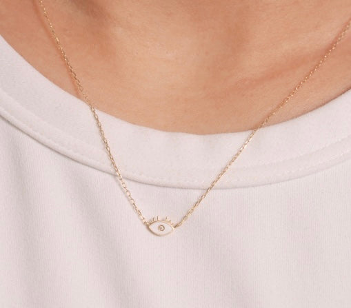 10K Solid Gold Enamel and CZ Evil Eye Necklace