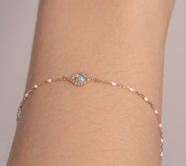 10K Sold Gold CZ Pave Evil Eye Beaded Bracelet