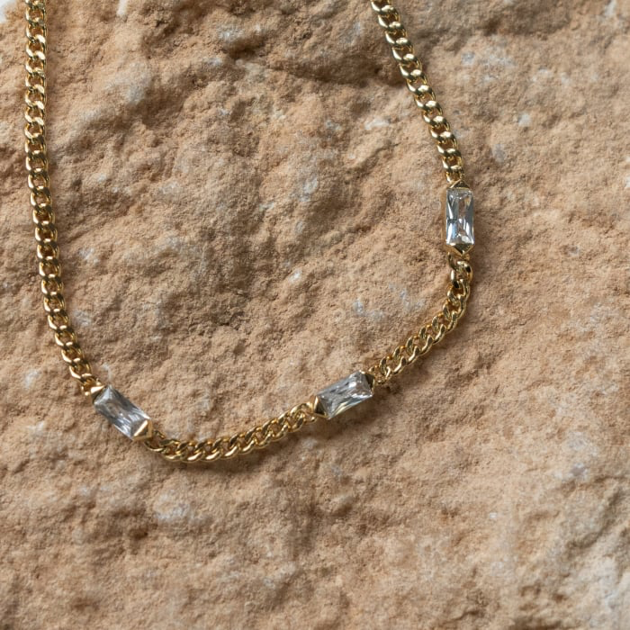 Gold Vermeil CZ Station Curb Chain Bracelet
