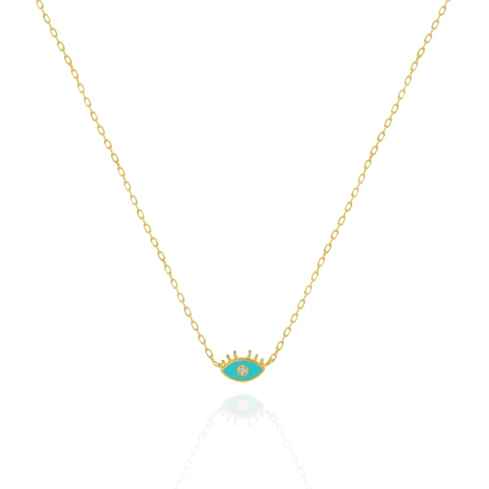 10K Solid Gold Enamel and CZ Evil Eye Necklace