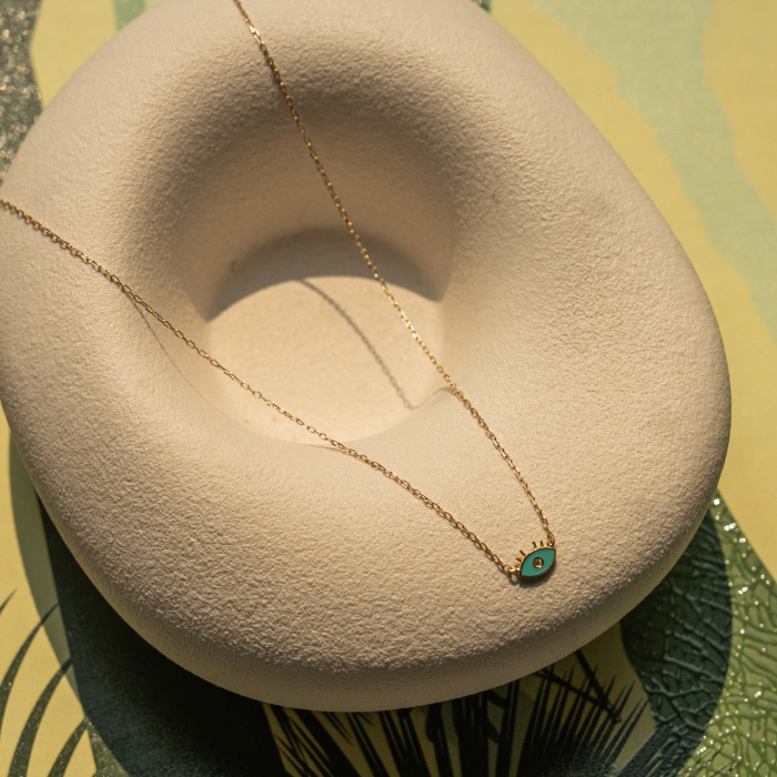 10K Solid Gold Enamel and CZ Evil Eye Necklace