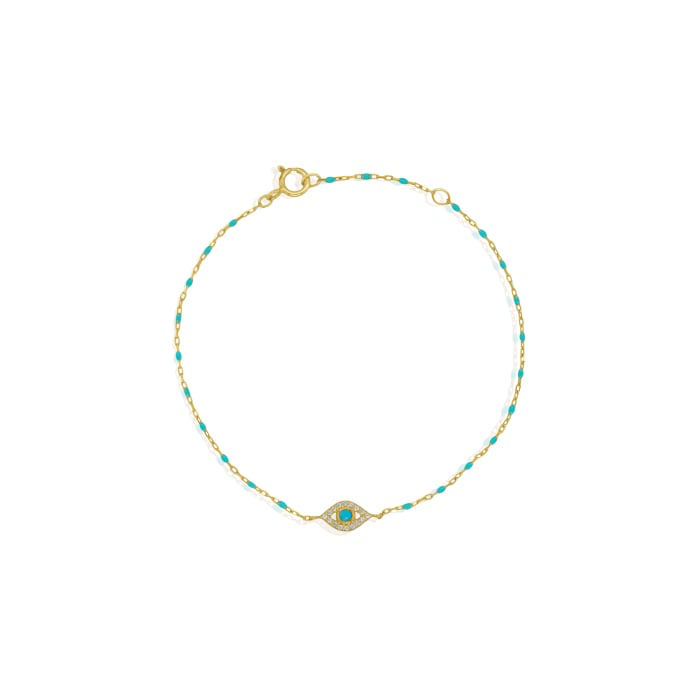10K Sold Gold CZ Pave Evil Eye Beaded Bracelet