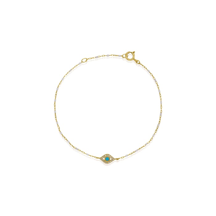 10K Sold Gold CZ Pave Evil Eye Beaded Bracelet