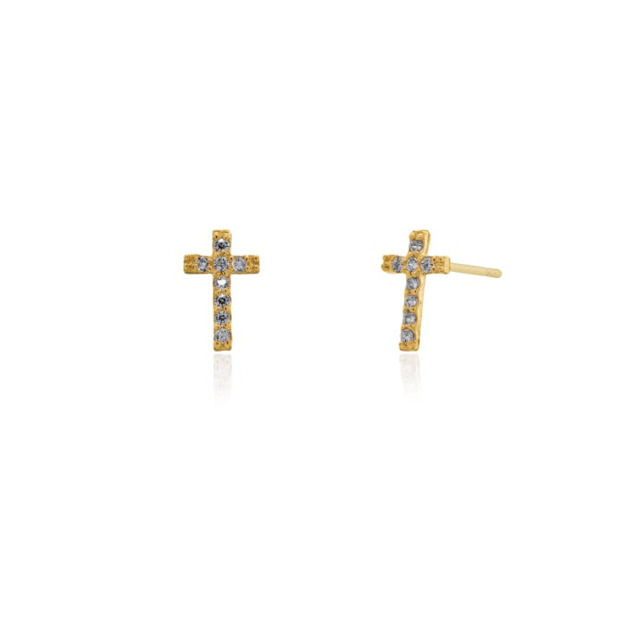 10K Solid Gold Pave CZ Cross Stud Earrings