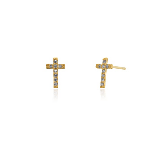 10K Solid Gold Pave CZ Cross Stud Earrings