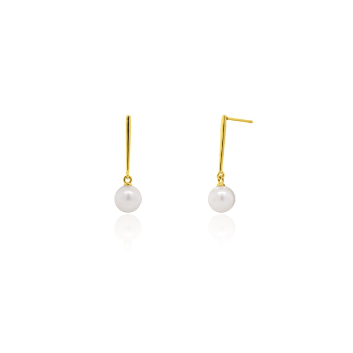 10K Solid Gold Bar Stud Earrings with Freshwater Pearl Drops