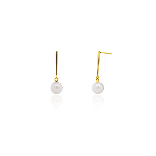 10K Solid Gold Bar Stud Earrings with Freshwater Pearl Drops