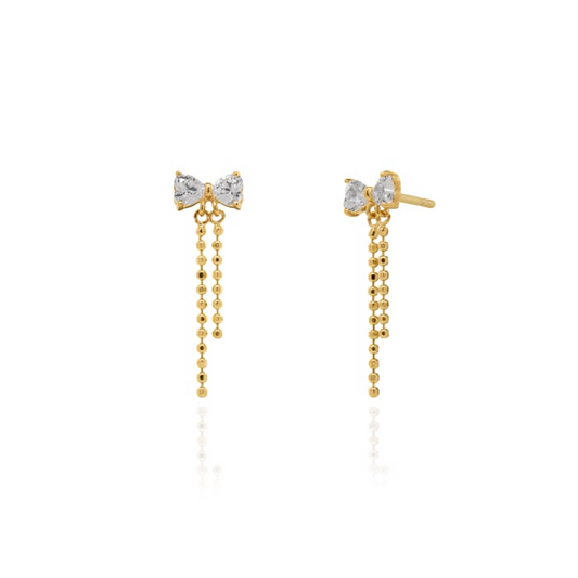 10K Solid Gold CZ Bow Dangle Earrings