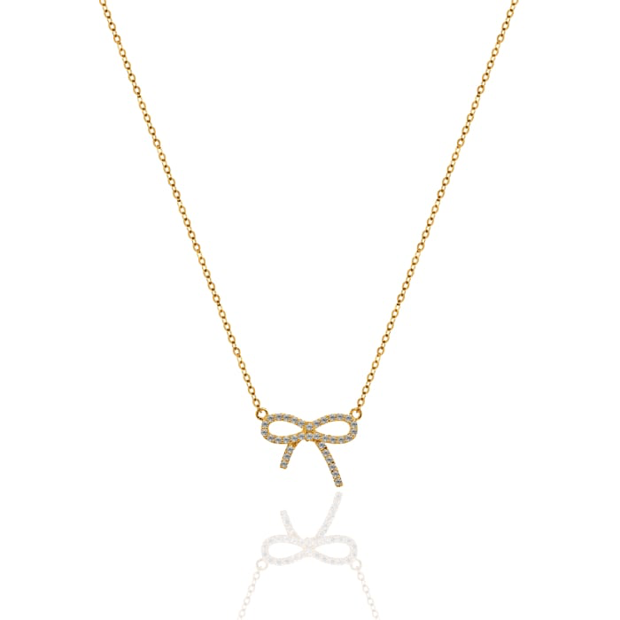 10K Solid Gold CZ Pave Ribbon Bow Necklace