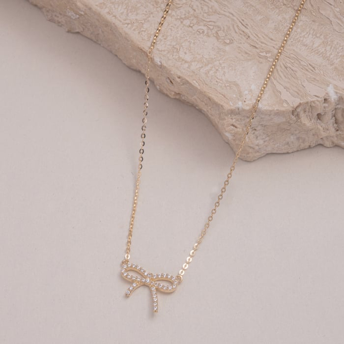 10K Solid Gold CZ Pave Ribbon Bow Necklace