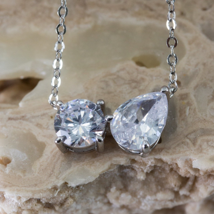 Sterling Silver Me and You CZ Teardrop Necklace