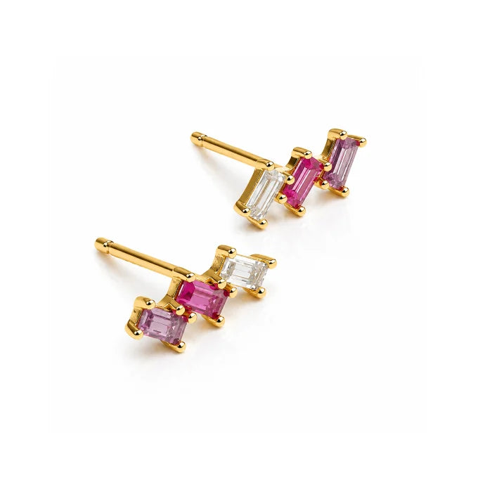 MULTICOLOR EMERALD CUT CZ TRIO STUD EARRINGS