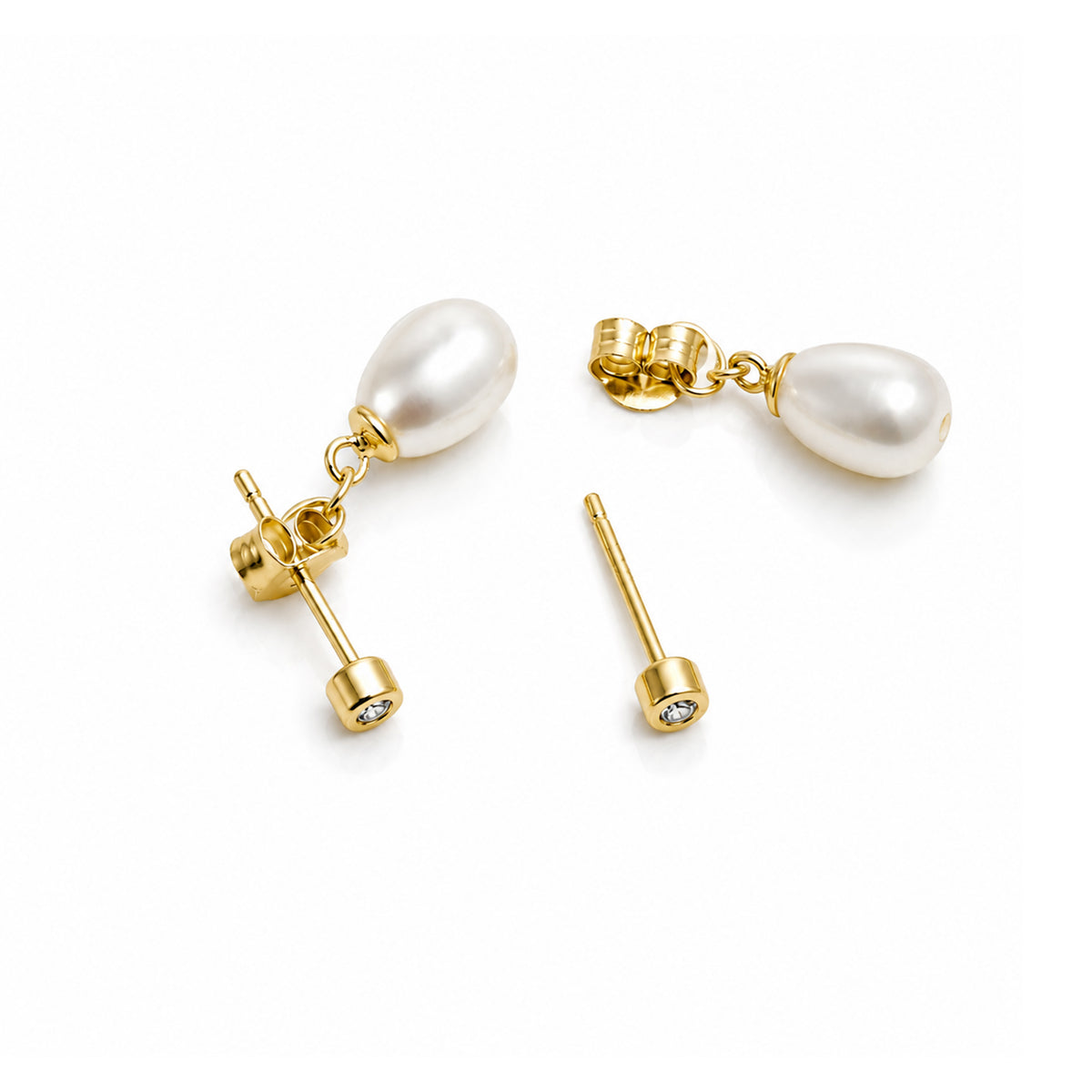 CZ BEZEL DANGLING FRESHWATER PEARL STUD EARRINGS