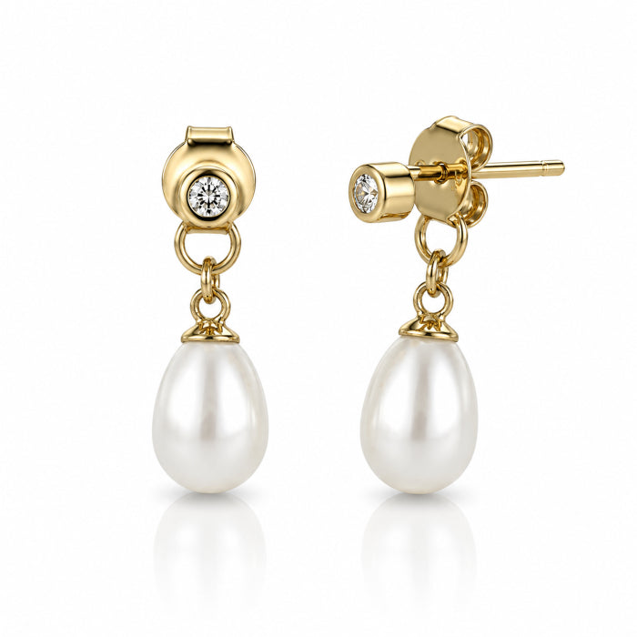 CZ BEZEL DANGLING FRESHWATER PEARL STUD EARRINGS