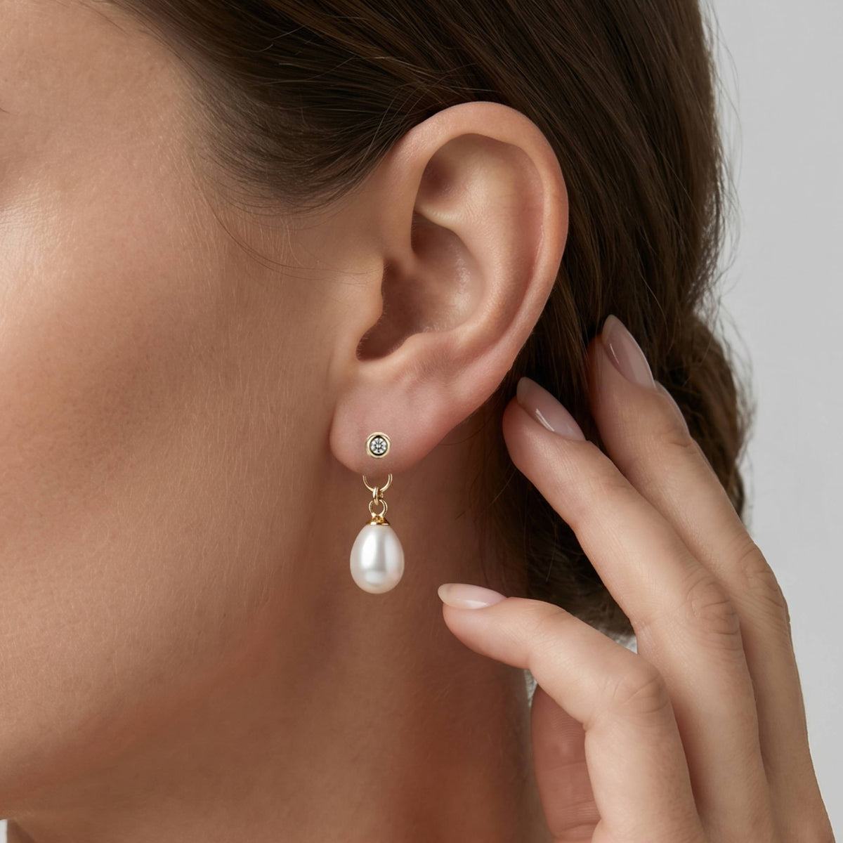 CZ BEZEL DANGLING FRESHWATER PEARL STUD EARRINGS