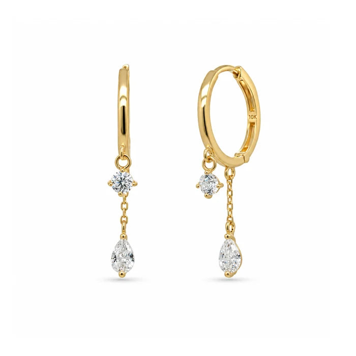 10K YELLOW GOLD CZ DROP HUGGIE EARRINGS