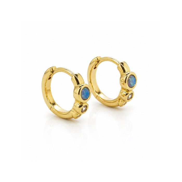 BLUE OPAL BEZEL SET HUGGIE EARRINGS