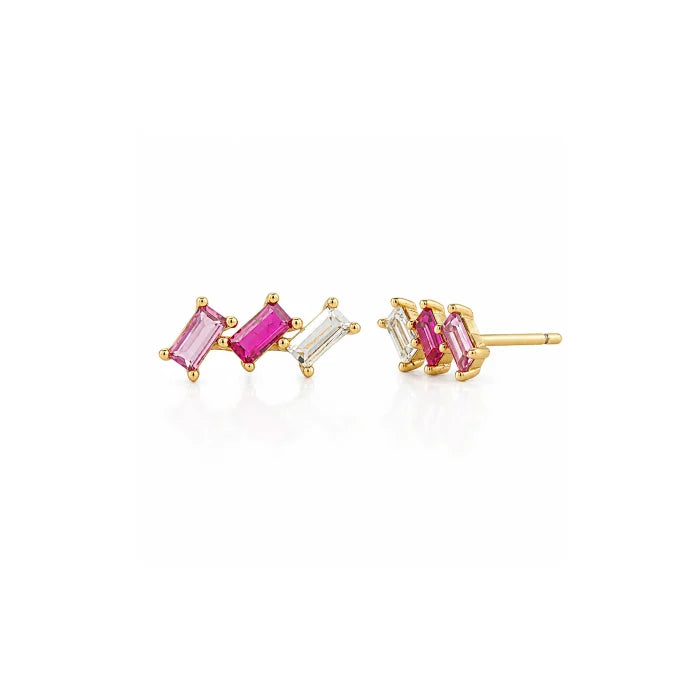 MULTICOLOR EMERALD CUT CZ TRIO STUD EARRINGS