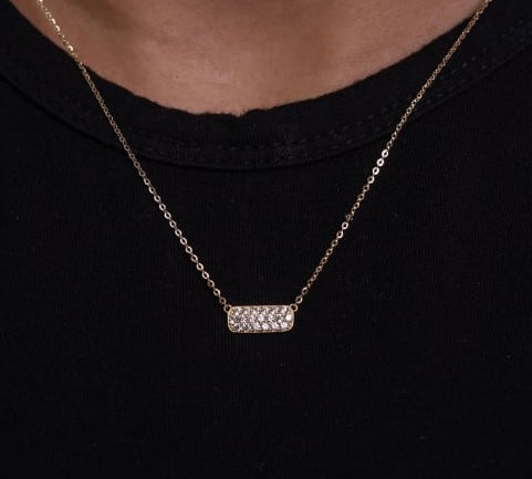 10K Solid Gold CZ Pave Bar Necklace