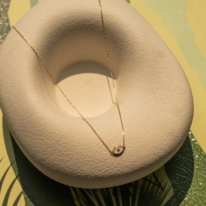 10K Solid Gold Enamel and CZ Evil Eye Necklace