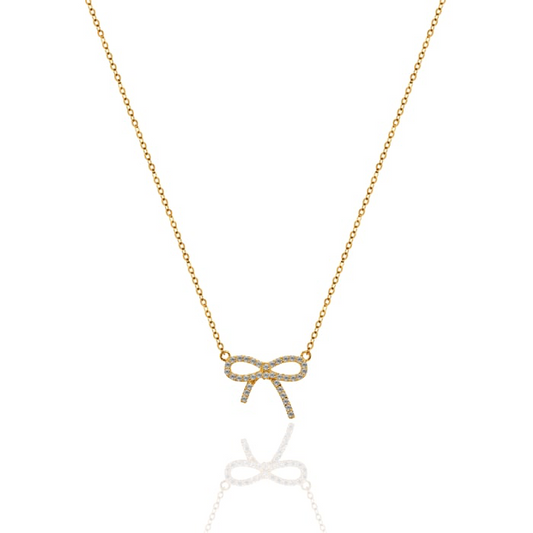 10K Solid Gold CZ Pave Ribbon Bow Necklace