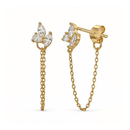 Gold Vermeil CZ Drop Chain Stud Earrings