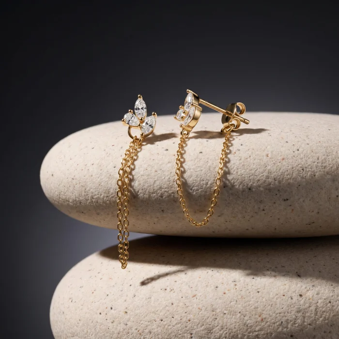 Gold Vermeil CZ Drop Chain Stud Earrings