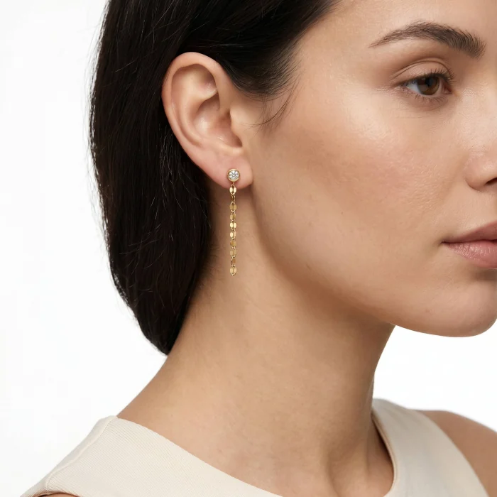 Gold Vermeil CZ Bezel Long Chain Earring